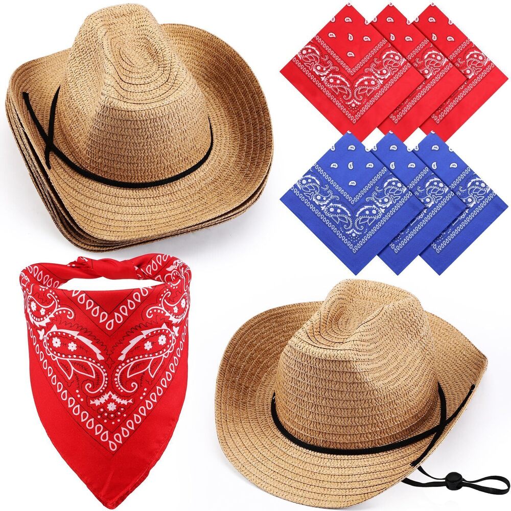 9605 6 Set Straw Hats Cowboy Bandanas Set Cowgirl Western Party HatKhaki